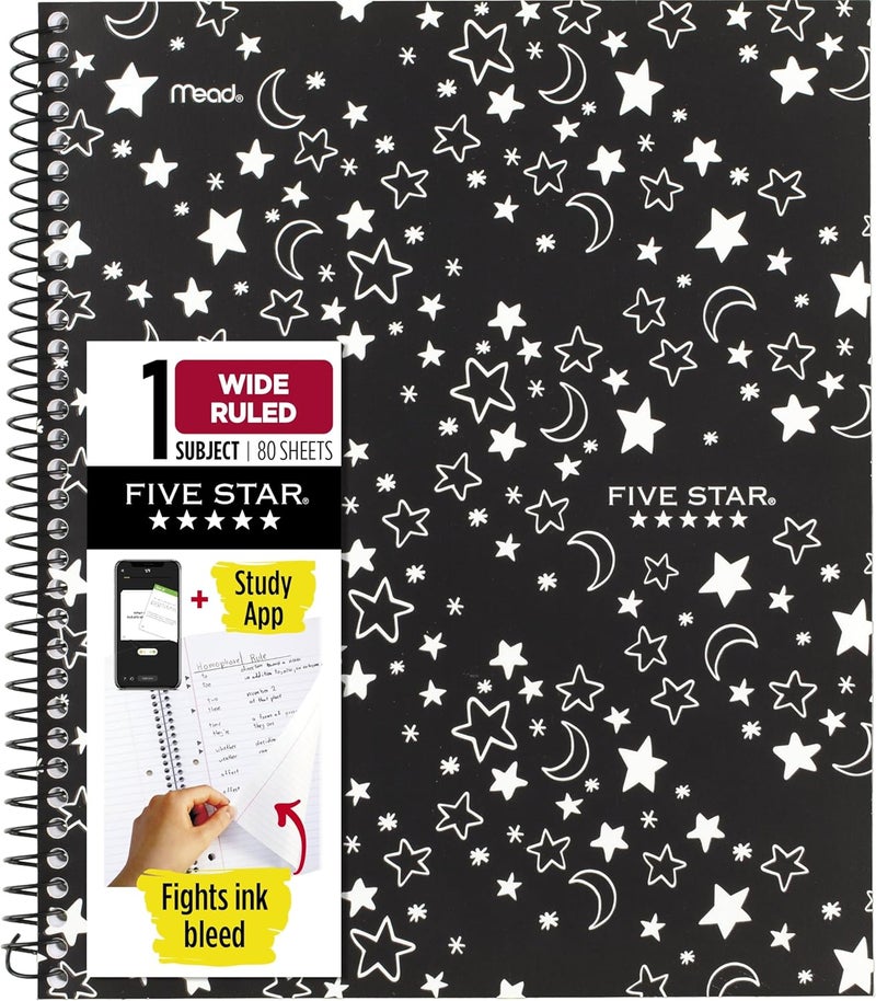 Five Star Spiral Notebook + Study App, 1 Subject, Wide Ruled, 8" x 10-1/2", 80 Sheets, Fights Ink Bleed, Water Resistant Cover, Black Stars Glow in the Dark (930020F) - Image 1
